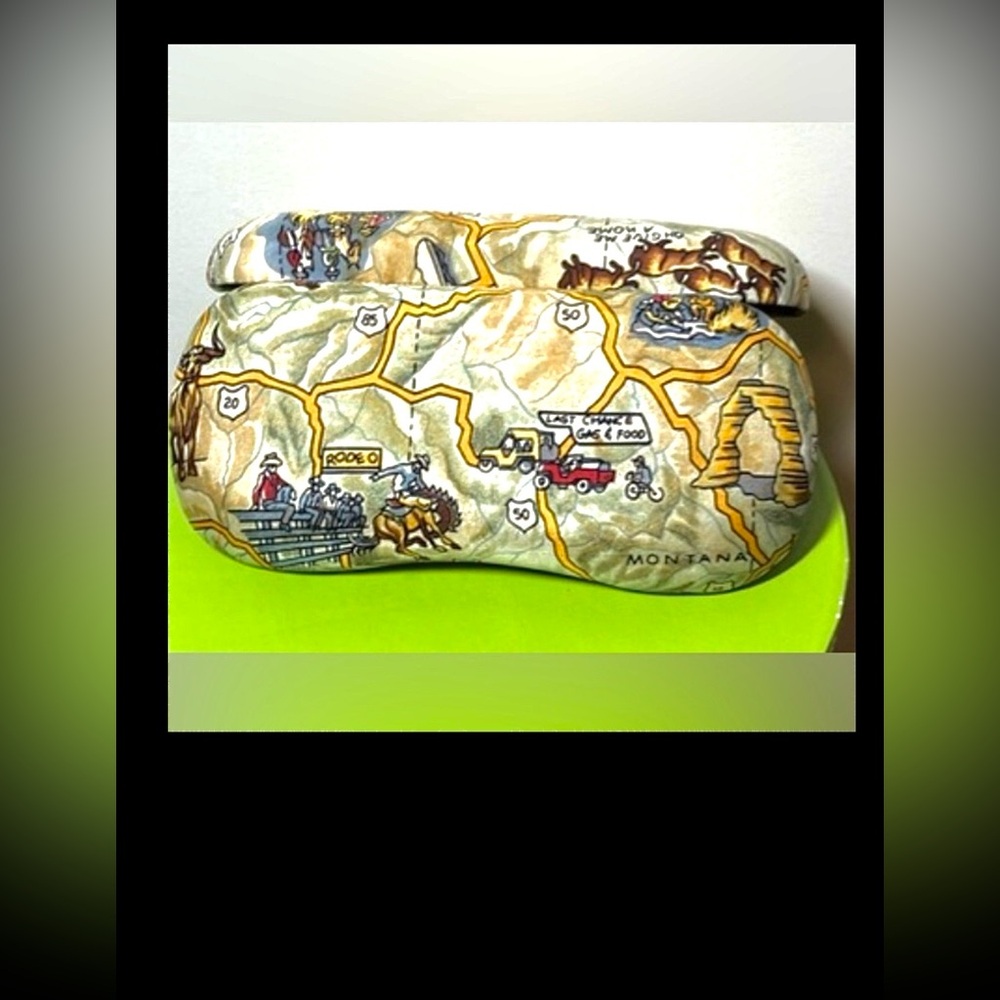 Vintage Nicole Miller Storage Case Montana Road Trip Hard Shell Print 6.5”x2.5”